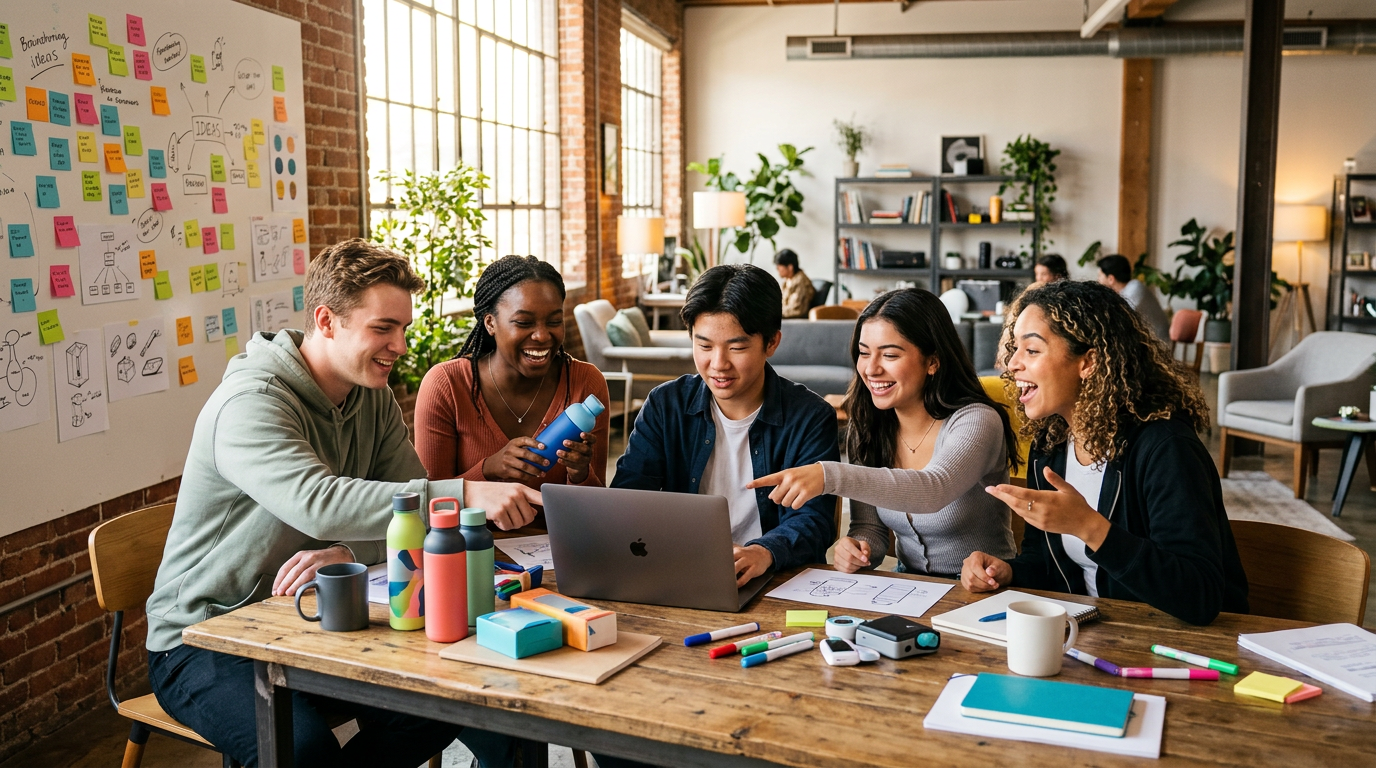A diverse team of young entrepreneurs collaborating on a new venture in a workshop